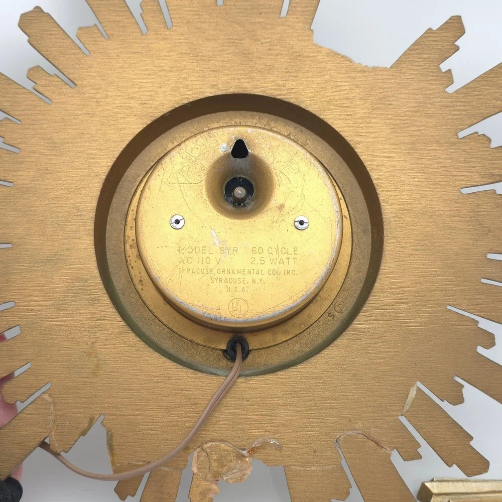 Syroco Sunburst Wall Clock Mid Century Modern Electric Vintage Movement Works